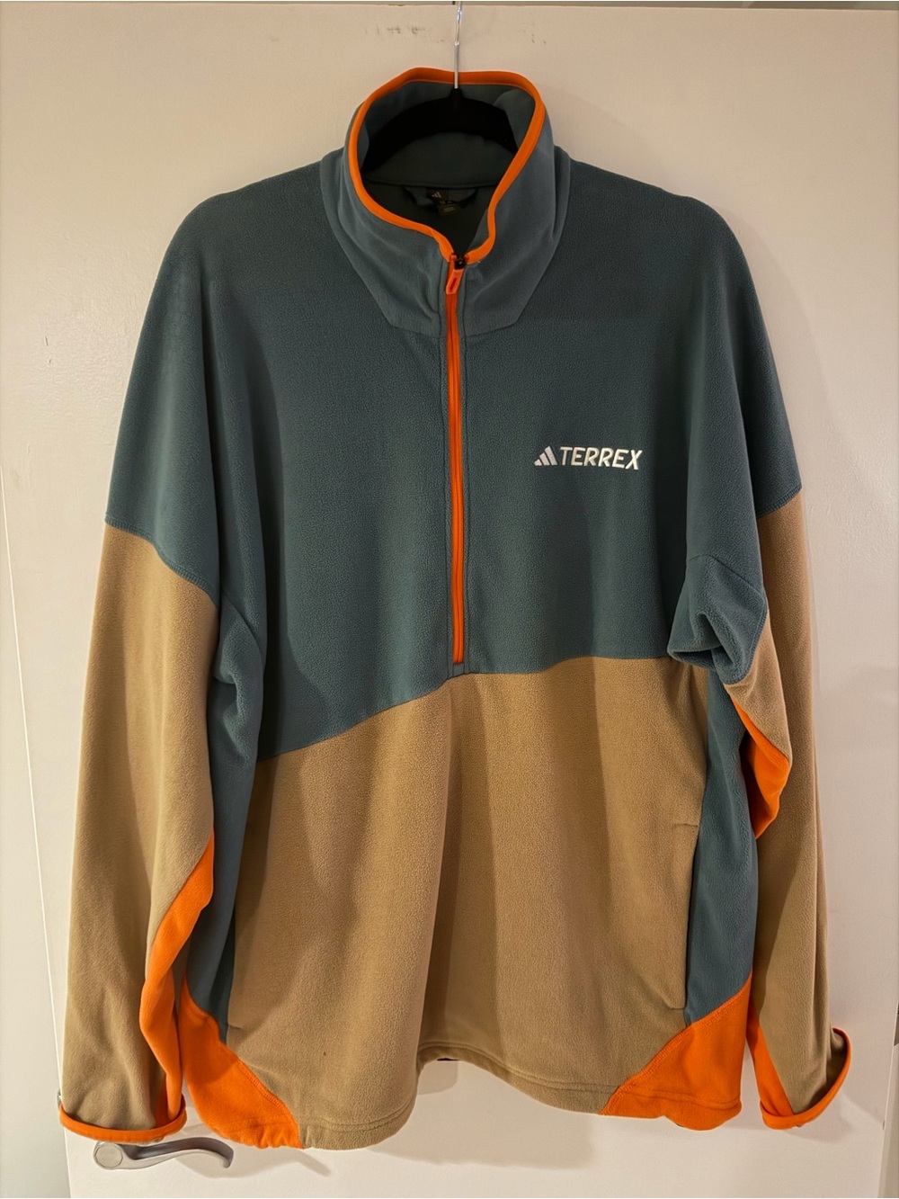 adidas TERREX Two-Tone Fleece Half-Zip Jacket in Slate Green, Khaki & Orange